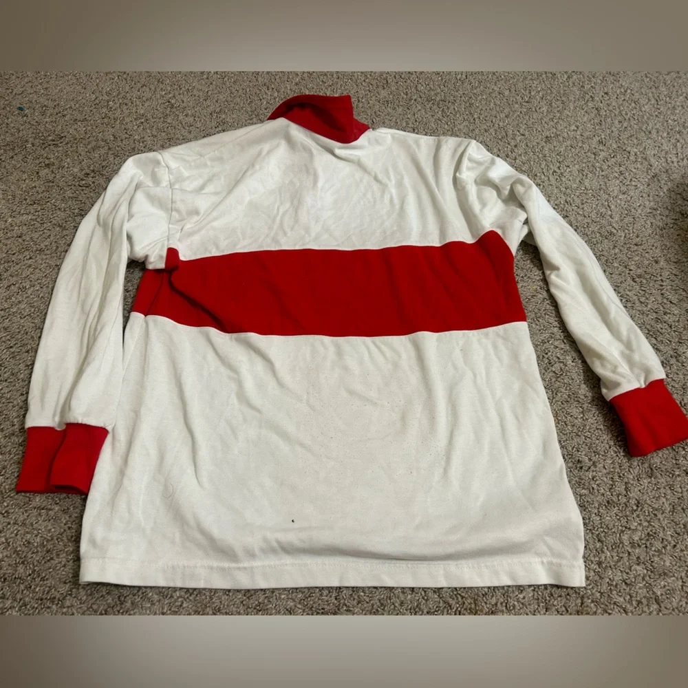 80s ADIDAS Rugby Shirt Vtg. Spellout Long Sleeve Polo Jersey Red White Retro Men